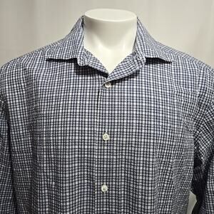 Ermenegildo Zegna Seersucker Shirt Mens Size 2XL XXL Blue Plaid 100% Cotton